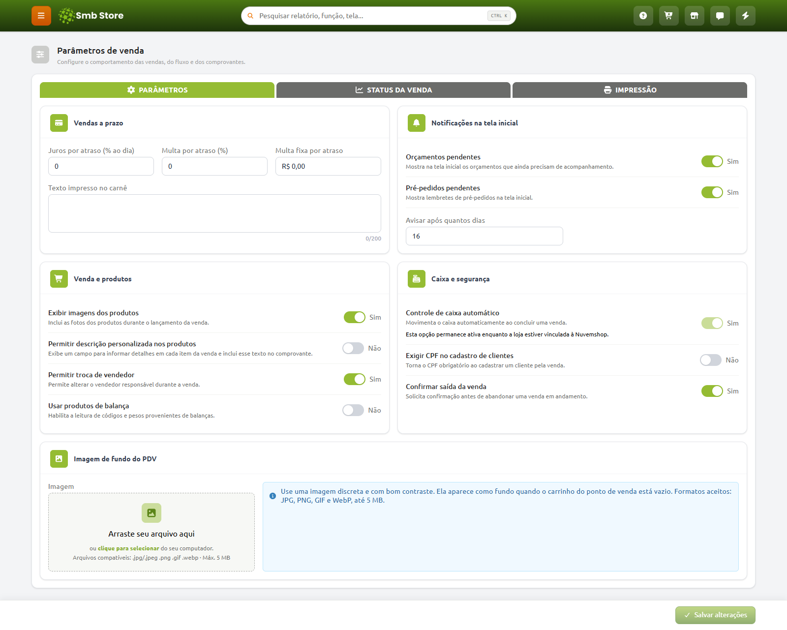 Tela de parâmetros de venda no sistema Smb Store, com opções de configuração para vendas a prazo, notificações da tela inicial, regras de venda e produtos, controle de caixa e segurança, e upload de imagem de fundo para o PDV.