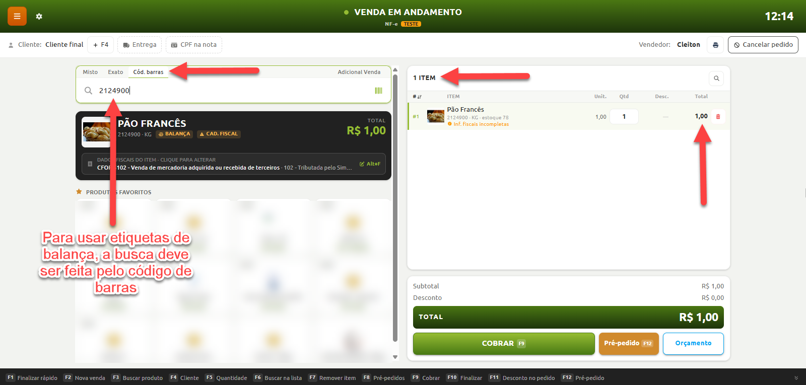 Tela de ponto de venda demonstrando o lançamento de item de balança na venda em andamento, indicando a busca pelo código de barras e a inclusão do produto na lista de itens com seu valor total.