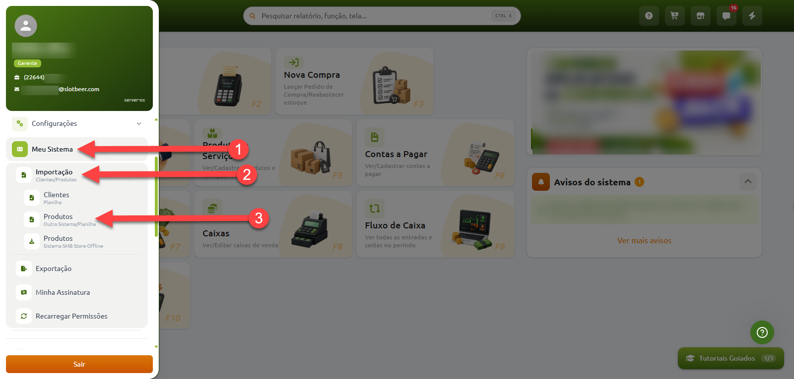 Menu lateral do sistema com sequência numerada para importar dados: o passo 1 indica a opção "Meu Sistema", o passo 2 aponta para "Importação" e o passo 3 direciona para a opção "Produtos (Outro Sistema/Planilha)".