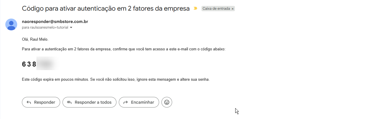 E-mail enviado pela SMB Store com o código de seis dígitos necessário para ativar a autenticação em dois fatores.