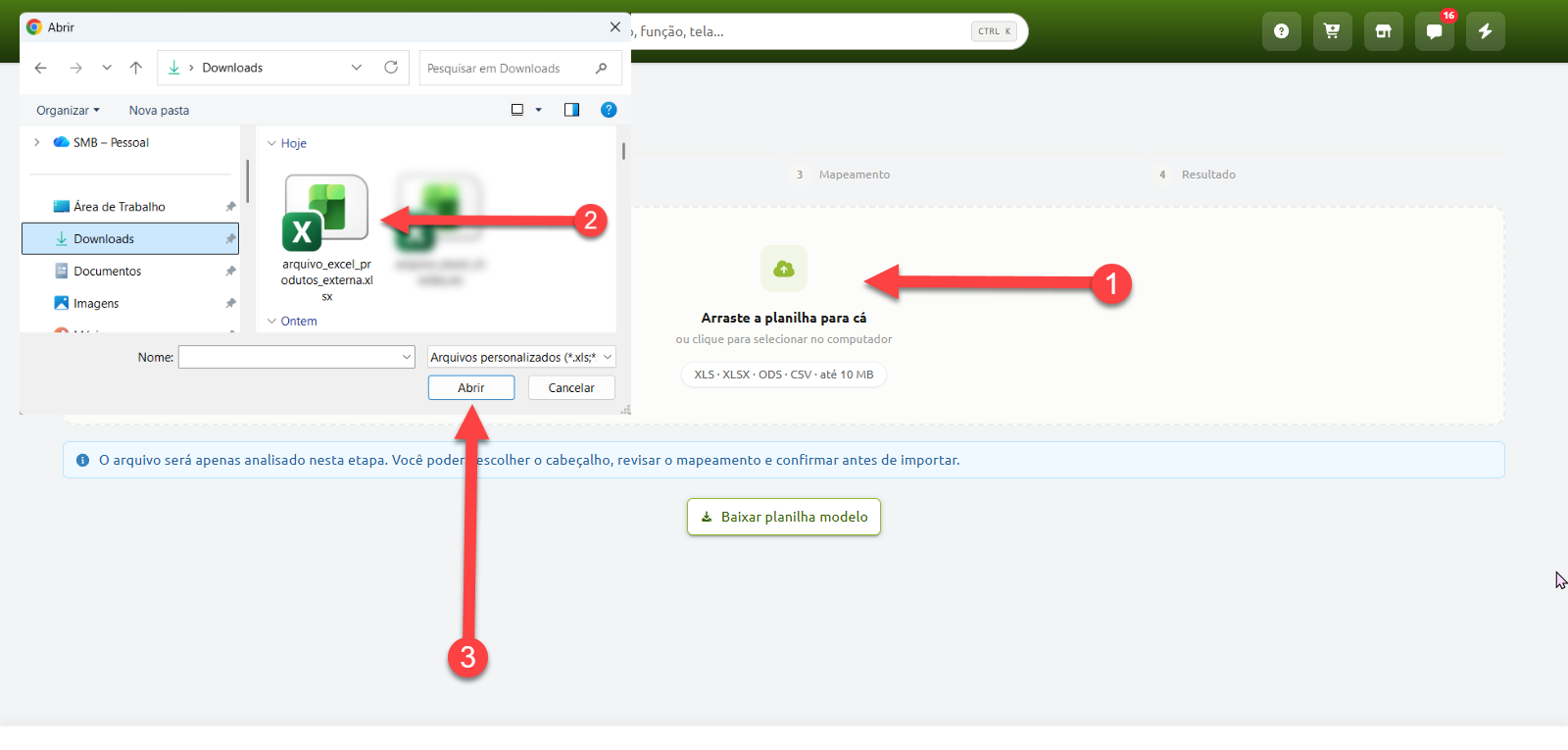 Passo a passo para envio de arquivo na plataforma, indicando o clique na área de upload, a seleção da planilha no computador e a confirmação no botão Abrir.