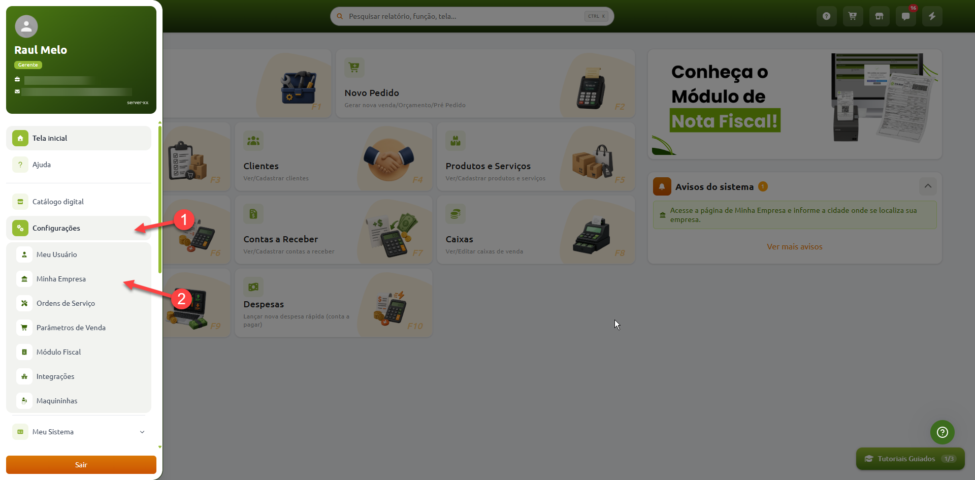Painel inicial do sistema com o menu lateral aberto, indicando a navegação a partir do item "Configurações" até a opção "Minha Empresa".