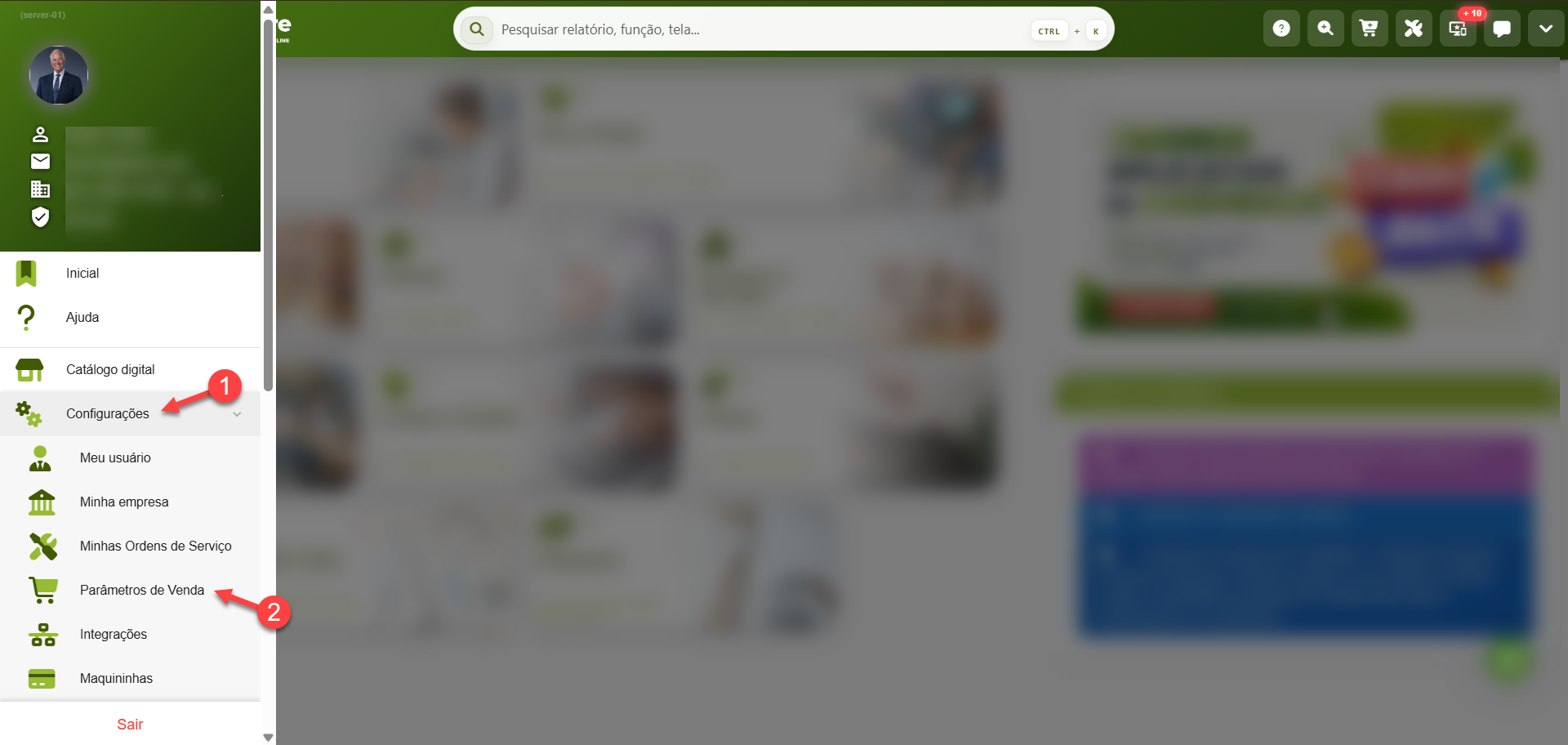 Menu lateral do sistema com o caminho de navegação destacado em duas etapas, indicando o clique na opção "Configurações" e, em seguida, em "Parâmetros de Venda".