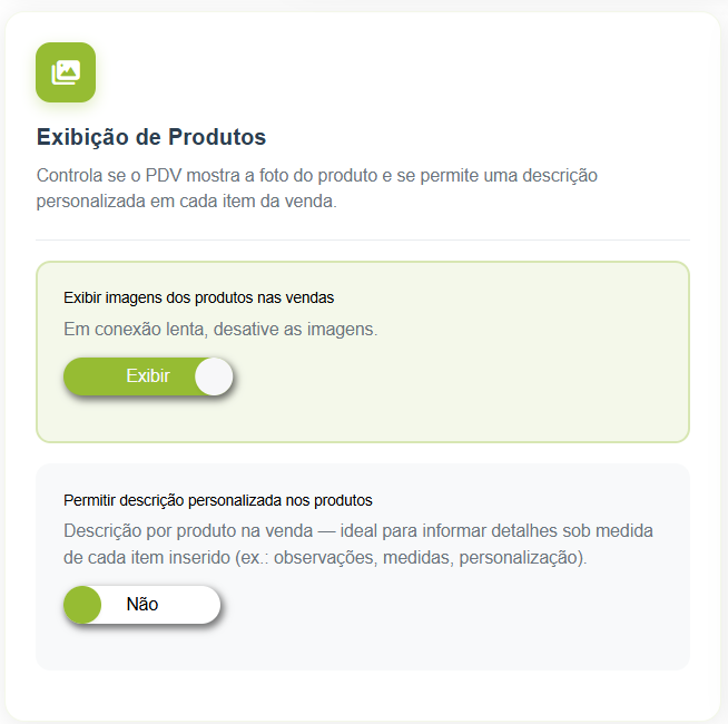 Tela de configurações de exibição de produtos no PDV, com a opção de exibir imagens dos produtos ativada e a opção de permitir descrição personalizada desativada.