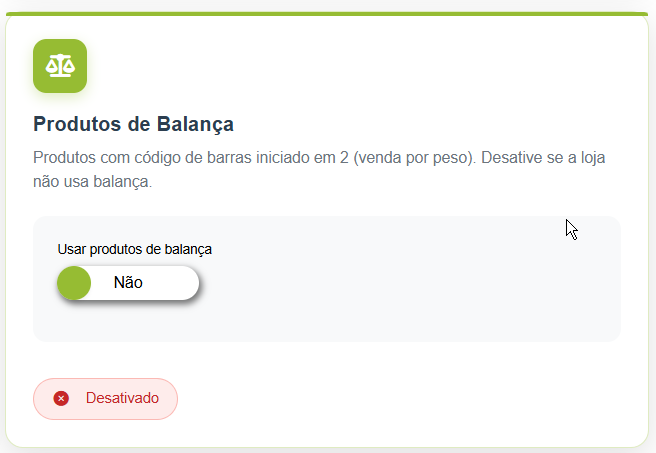 Tela de configuração de "Produtos de Balança" para itens vendidos por peso com código de barras iniciado em 2, apresentando a opção de uso no estado desativado.