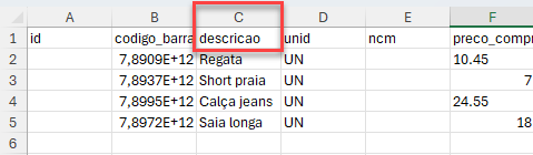 Planilha com dados cadastrais de produtos, com destaque para o cabeçalho da coluna C, nomeada "descricao".