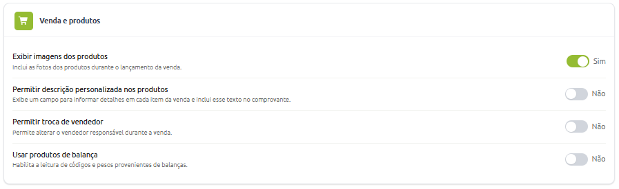 Painel de configurações de venda e produtos com opções ativáveis para exibir imagens dos produtos, permitir descrição personalizada nos produtos, permitir troca de vendedor e usar produtos de balança, estando apenas a exibição de imagens habilitada.