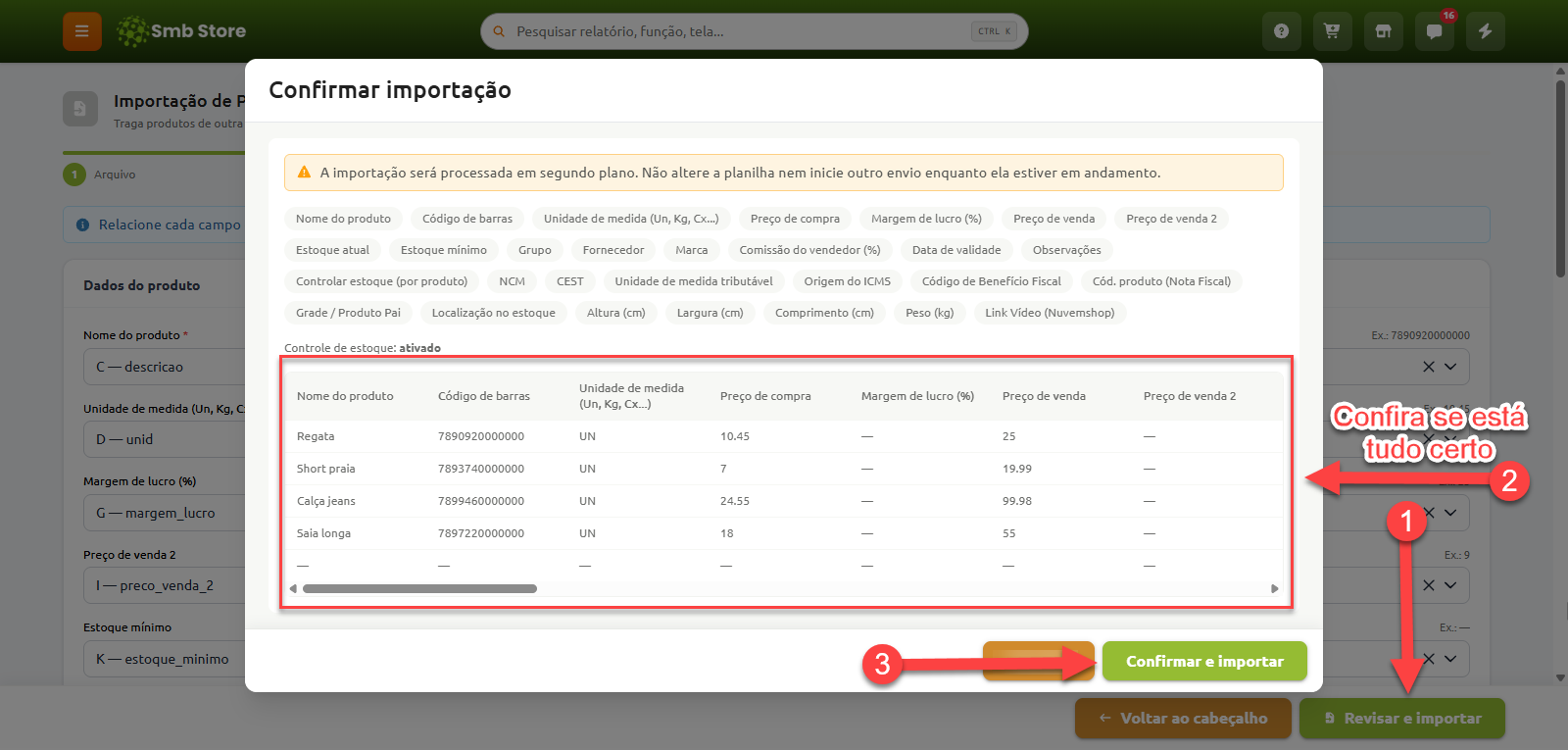 Janela de confirmação de importação de produtos no Smb Store, exibindo a tabela com a prévia dos dados mapeados e o botão "Confirmar e importar" para finalizar o envio.