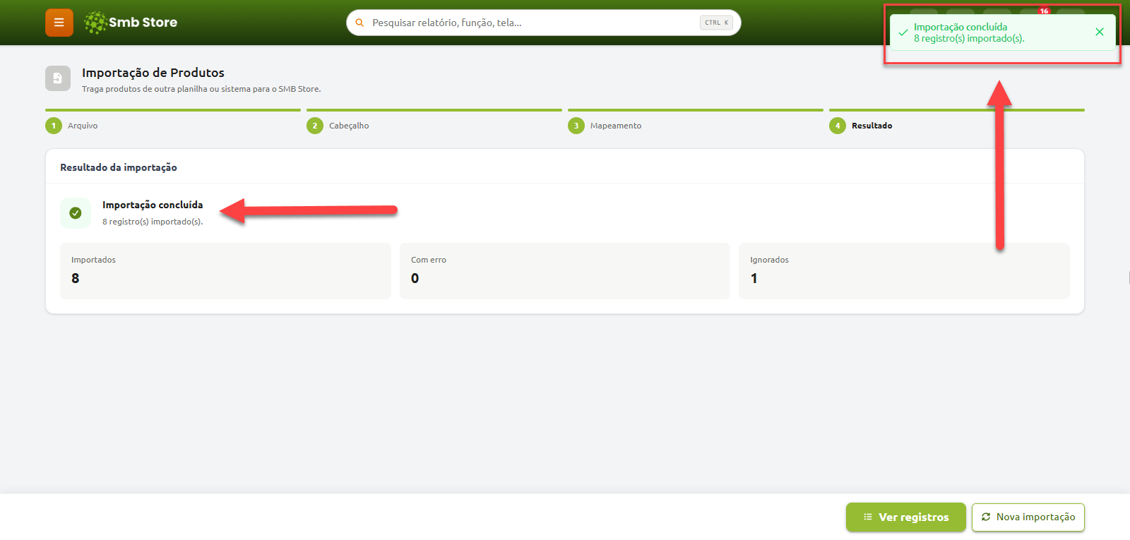 Tela de conclusão da importação de produtos no sistema Smb Store, exibindo o resultado de 8 registros importados, 0 com erro e 1 ignorado.
