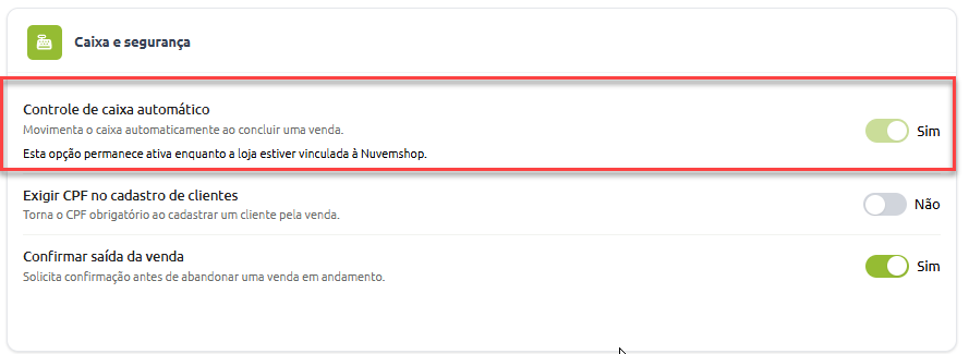 Tela de configurações de Caixa e segurança, destacando a opção de controle de caixa automático ativada para movimentar o caixa ao concluir uma venda vinculada à Nuvemshop.