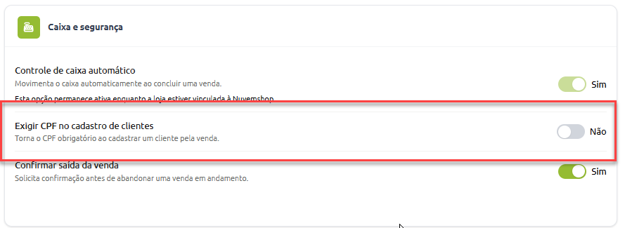 Tela de configurações de Caixa e segurança com destaque para a opção "Exigir CPF no cadastro de clientes" desativada.