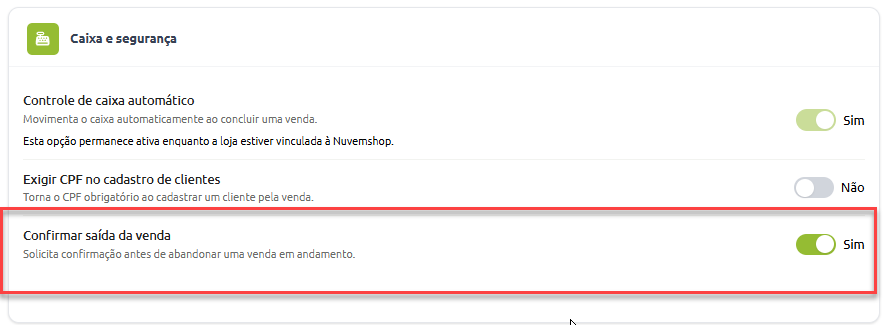 Tela de configurações de Caixa e segurança com a opção "Confirmar saída da venda" destacada e ativada como "Sim".