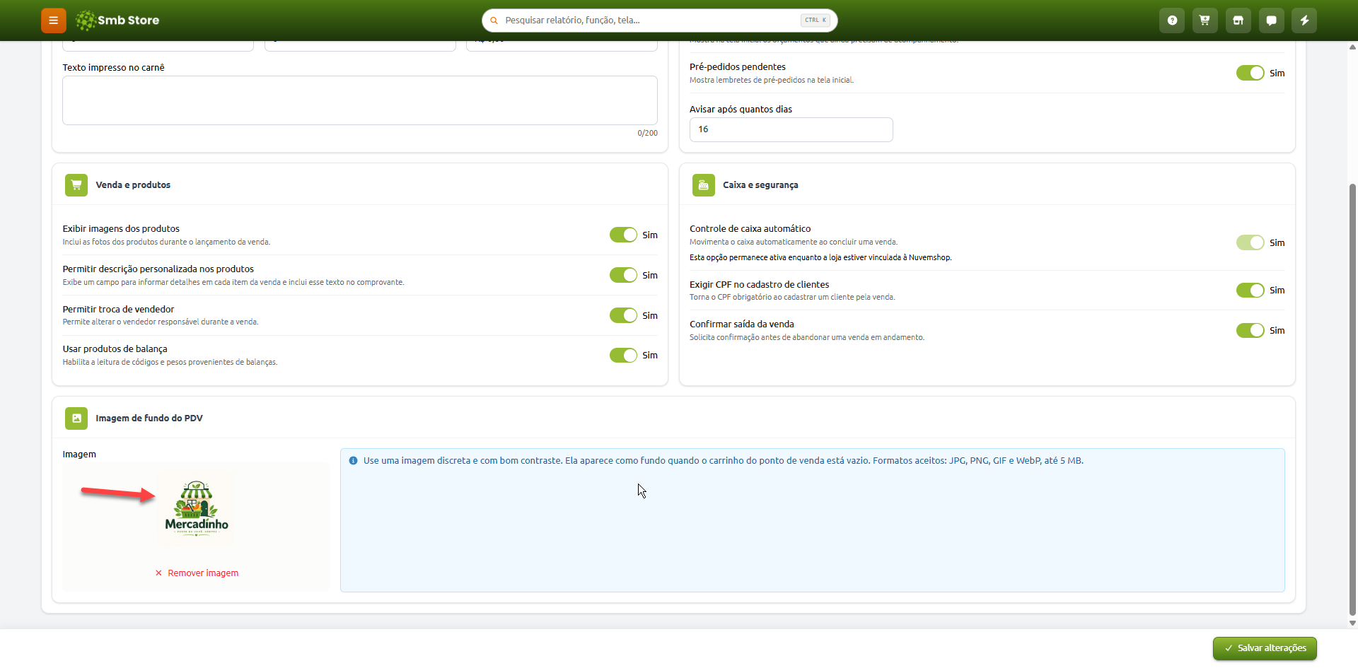 Tela de configurações do sistema Smb Store com opções de vendas, produtos, caixa e a seção de imagem de fundo do PDV, destacando com uma seta vermelha o logotipo carregado com opção de remoção.