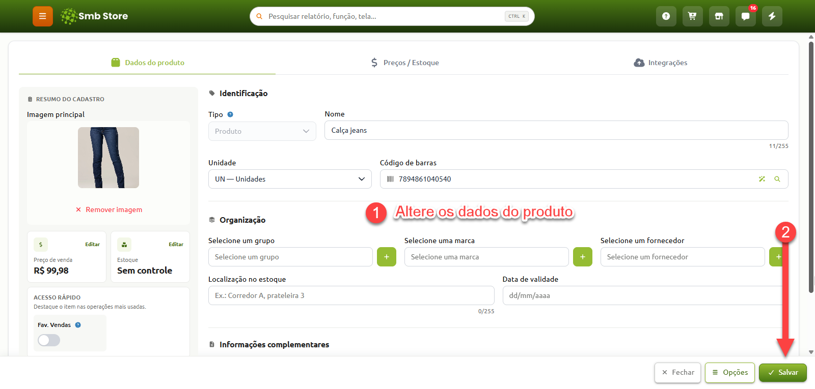Tela de cadastro e edição de produto no Smb Store, destacando a alteração dos dados cadastrais como identificação e organização no passo 1, e o botão de salvar no passo 2.