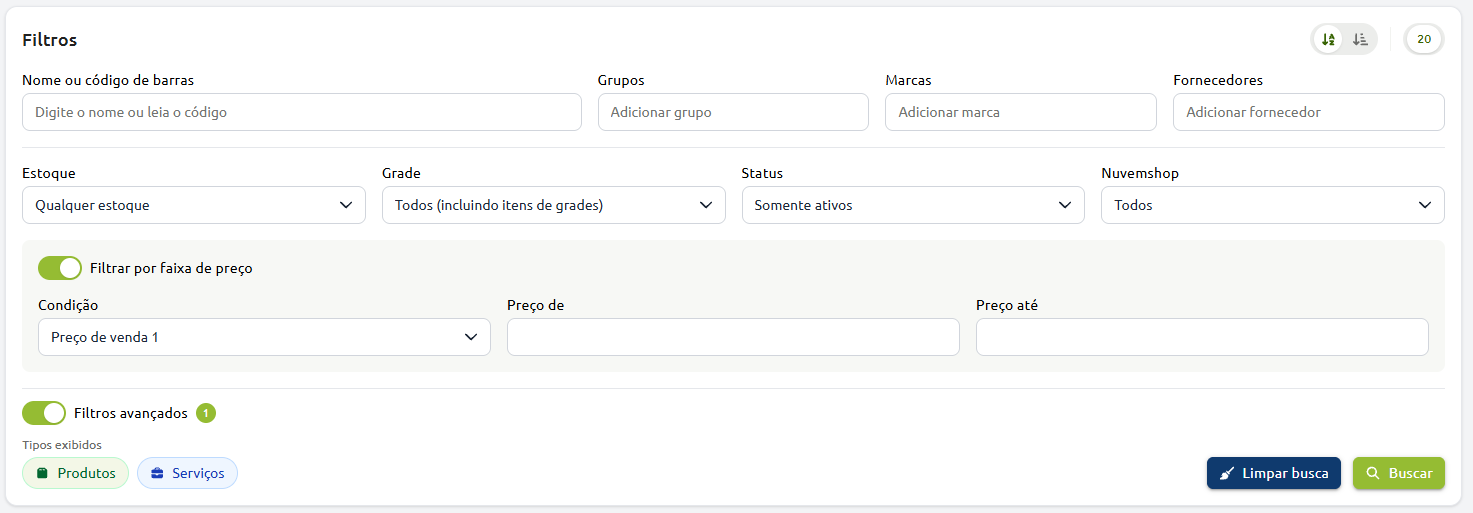Painel de filtros de produtos e serviços com campos para busca por nome ou código de barras, grupos, marcas, fornecedores, estoque, grade, status, integração com Nuvemshop, faixa de preço e botões para limpar busca e buscar.