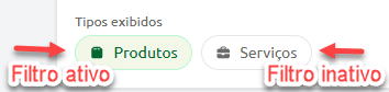 Opção de filtro por tipo exibido, com o botão "Produtos" selecionado como filtro ativo e o botão "Serviços" como filtro inativo.