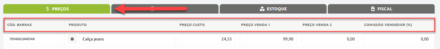 Aba de preços em um sistema de cadastro de produtos, exibindo os campos de código de barras, nome do item, preço de custo, preços de venda e comissão do vendedor.