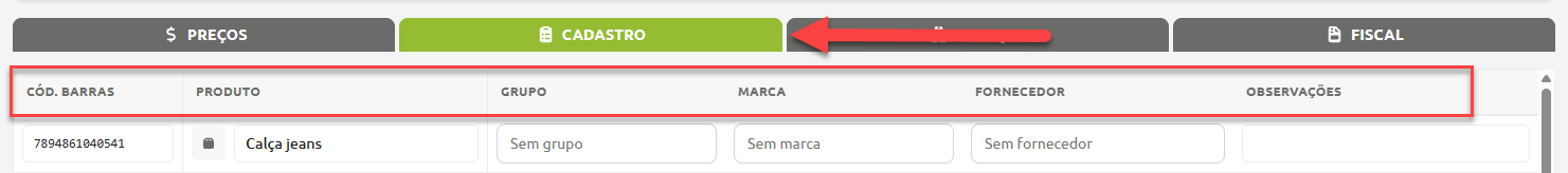Tela de cadastro de produtos exibindo a aba Cadastro selecionada com os campos de código de barras, produto, grupo, marca, fornecedor e observações.