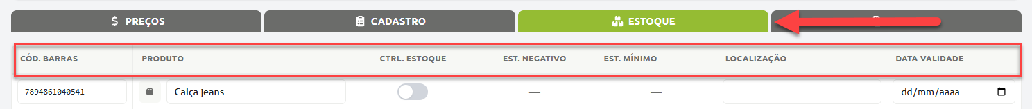 Aba de estoque em tela de cadastro de produto, exibindo colunas para código de barras, nome do item, controle de estoque, estoque negativo, estoque mínimo, localização e data de validade.