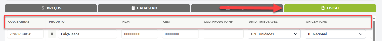 Aba Fiscal em uma tela de cadastro de produtos, exibindo colunas para código de barras, nome do item, NCM, CEST, código na NF, unidade tributável e origem do ICMS.