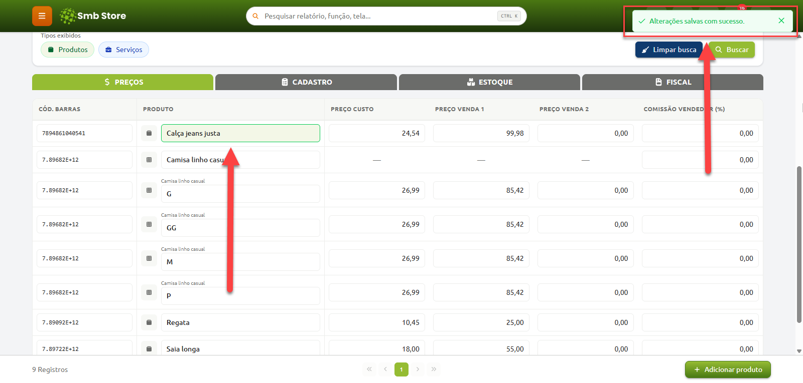 Tela de gerenciamento de preços de produtos no Smb Store, exibindo uma linha de item selecionada para edição e a notificação de confirmação "Alterações salvas com sucesso".