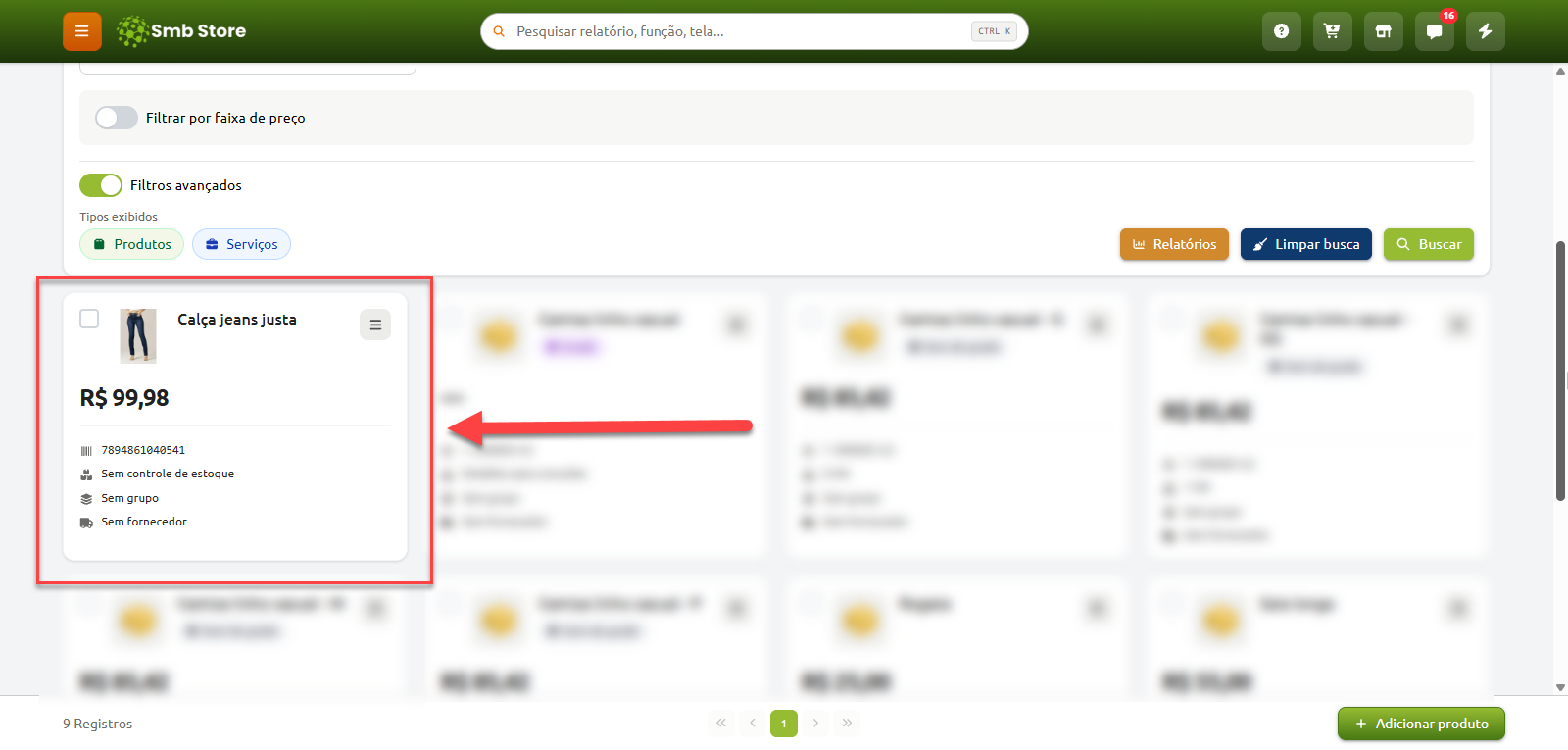 Tela de listagem de produtos no Smb Store, destacando o cartão de um item com imagem, nome, valor, código de barras e detalhes de estoque, grupo e fornecedor.