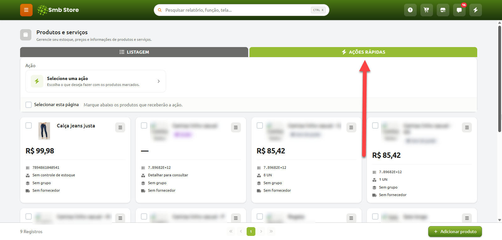 Tela de gerenciamento de produtos e serviços no Smb Store, com destaque na aba de Ações Rápidas, permitindo selecionar múltiplos itens do catálogo para aplicar ações em lote.