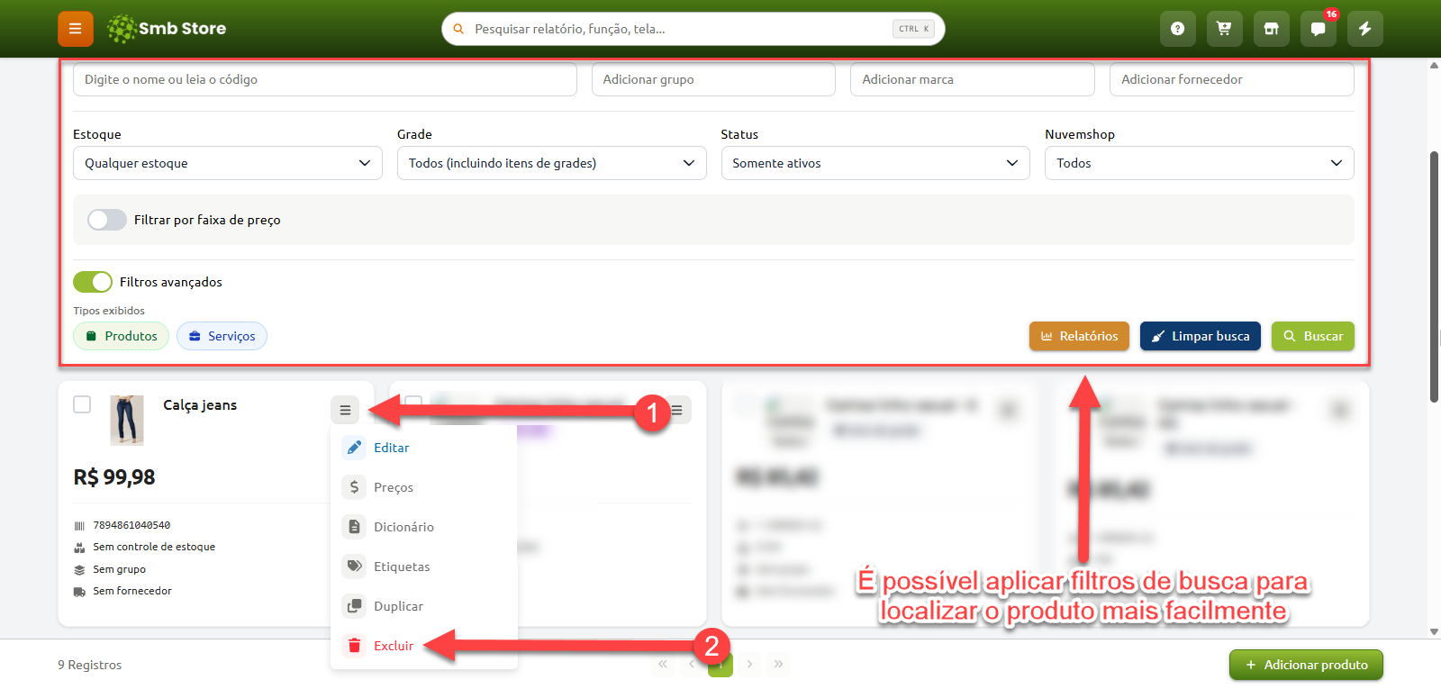 Tela de listagem de produtos no Smb Store, com opções de filtros de busca na parte superior e o menu de ações de um item aberto, destacando o botão para excluir o produto.