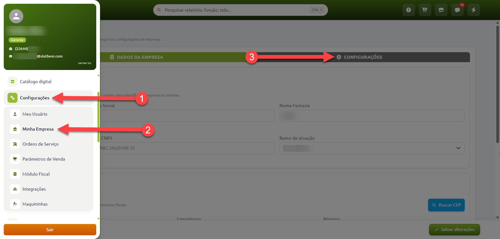 Passo a passo no sistema indicando o acesso ao menu Configurações pelo item 1, a seleção da opção Minha Empresa pelo item 2 e a navegação até a aba Configurações pelo item 3.