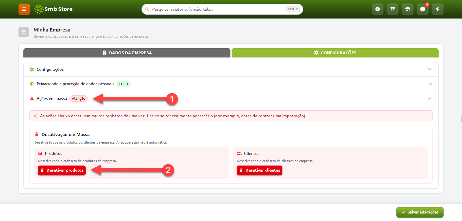 Tela de configurações da empresa no Smb Store, destacando a seção de Ações em massa e o botão para desativação de produtos em lote.