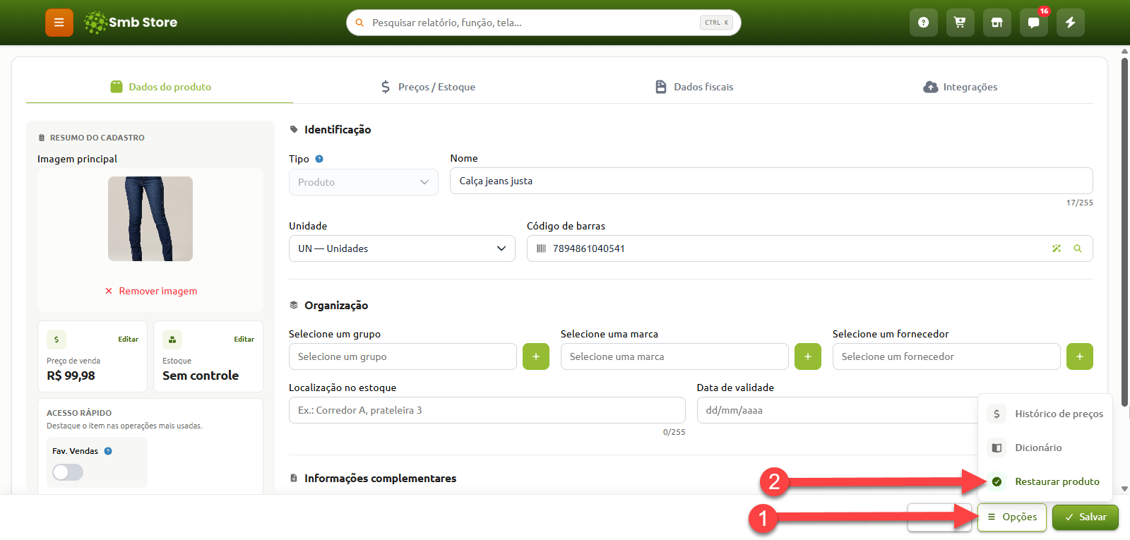Tela de cadastro de produto no sistema Smb Store, com destaque numerado para o botão Opções no canto inferior direito e a seleção do comando Restaurar produto.