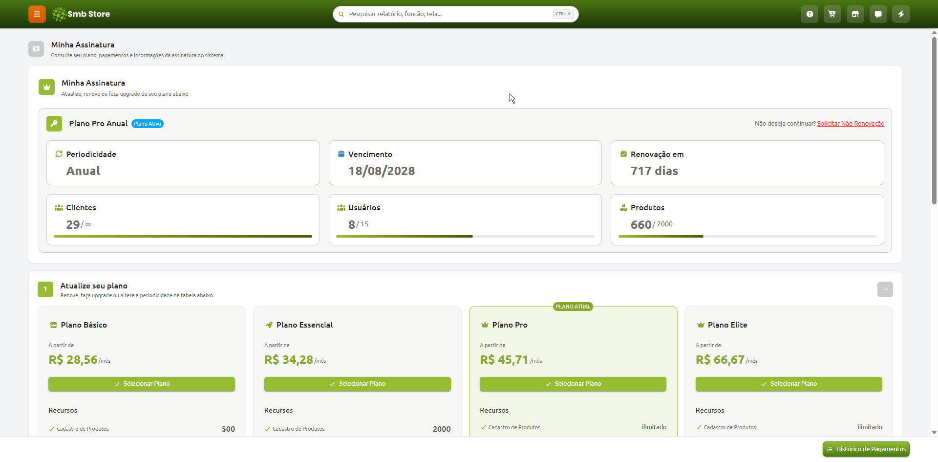 Tela de gerenciamento de assinatura do Smb Store, exibindo o status do plano atual Pro Anual com data de vencimento, dias para renovação e barras de uso de clientes, usuários e produtos, além de opções para atualização ou troca de planos.