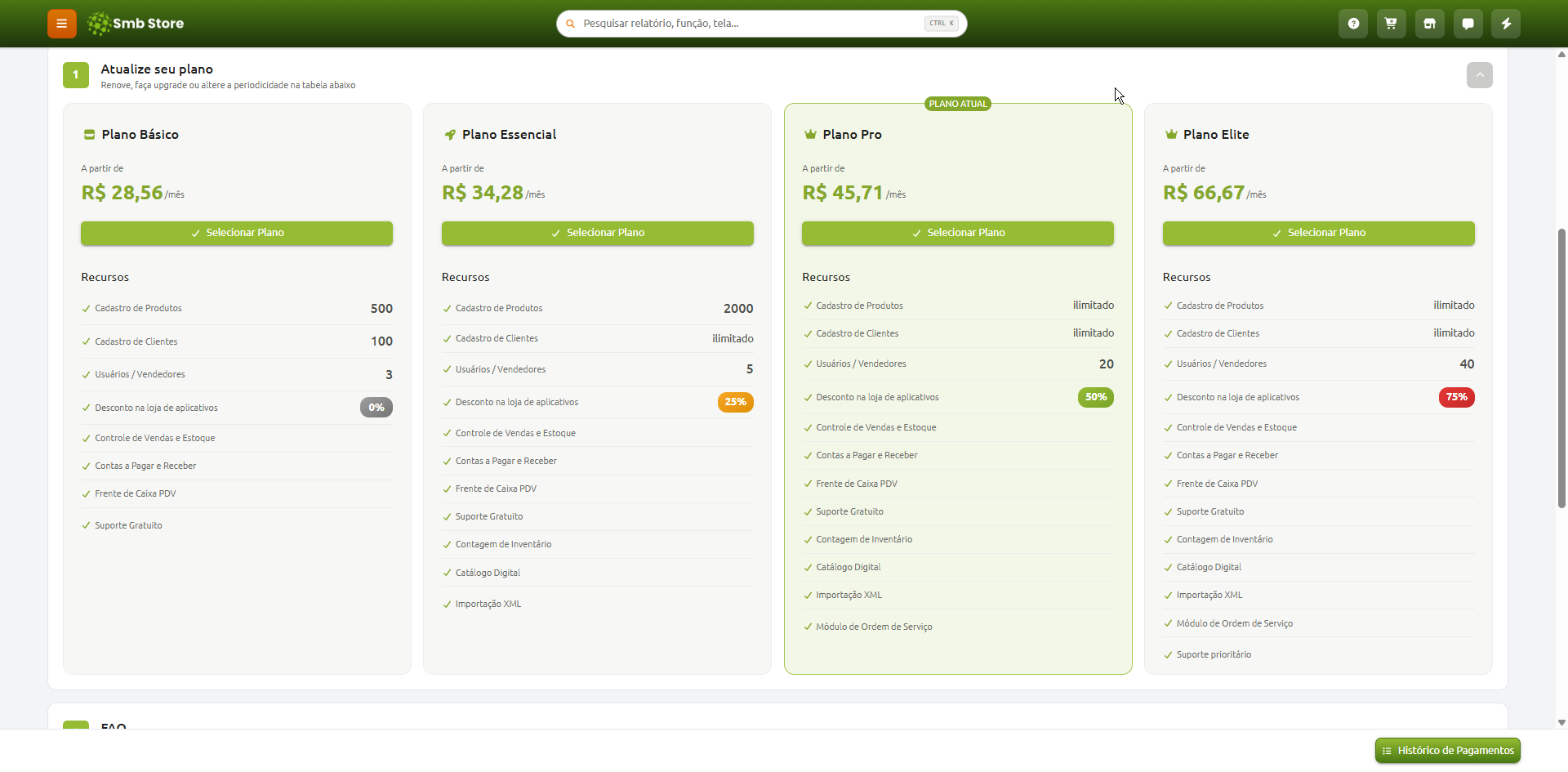 Tela de atualização de planos do Smb Store exibindo opções de assinatura comparativas — Plano Básico, Plano Essencial, Plano Pro (indicado como plano atual) e Plano Elite —, com seus respectivos valores mensais, listas de recursos e botões para seleção.