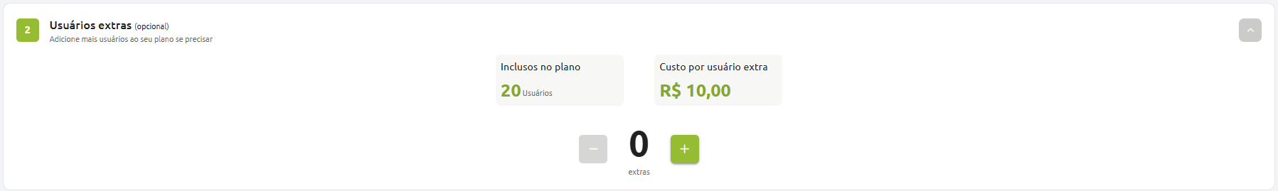 Etapa de contratação de usuários extras com indicação de 20 usuários inclusos no plano, valor de R$ 10,00 por usuário adicional e seletor numérico de quantidade.