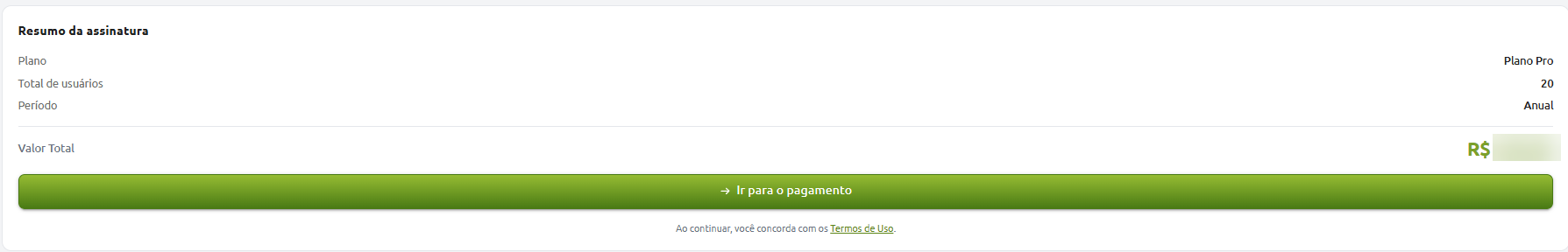 Tela de resumo da assinatura exibindo o plano Pro, total de 20 usuários, período anual, o valor total e o botão "Ir para o pagamento".