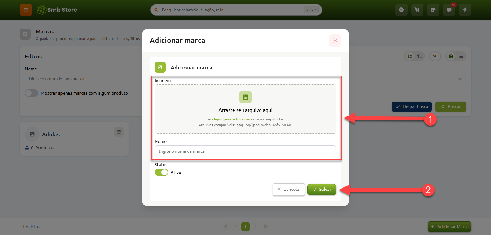 Janela de cadastro de marca com destaque para o preenchimento da imagem e do nome do item, seguido pelo botão de salvar.