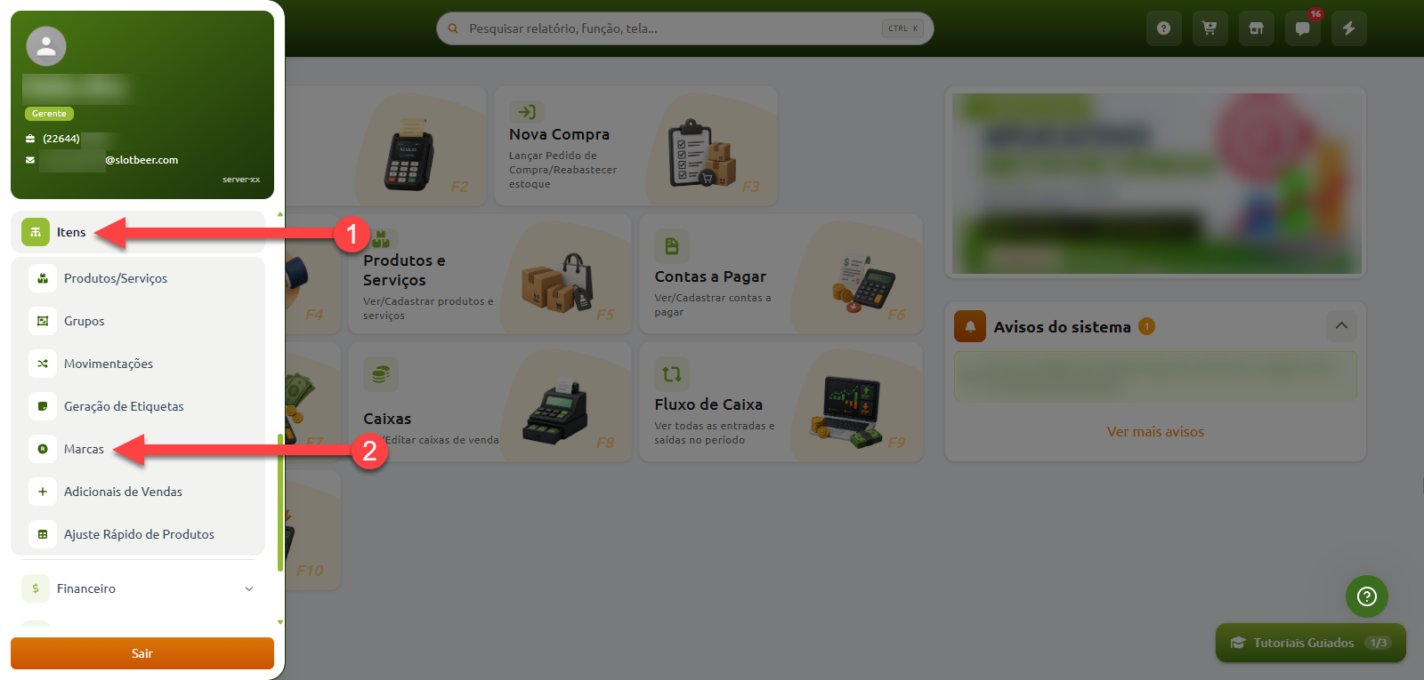 Tela inicial do sistema destacando o menu lateral, com indicação do passo 1 na categoria Itens e do passo 2 na opção Marcas.