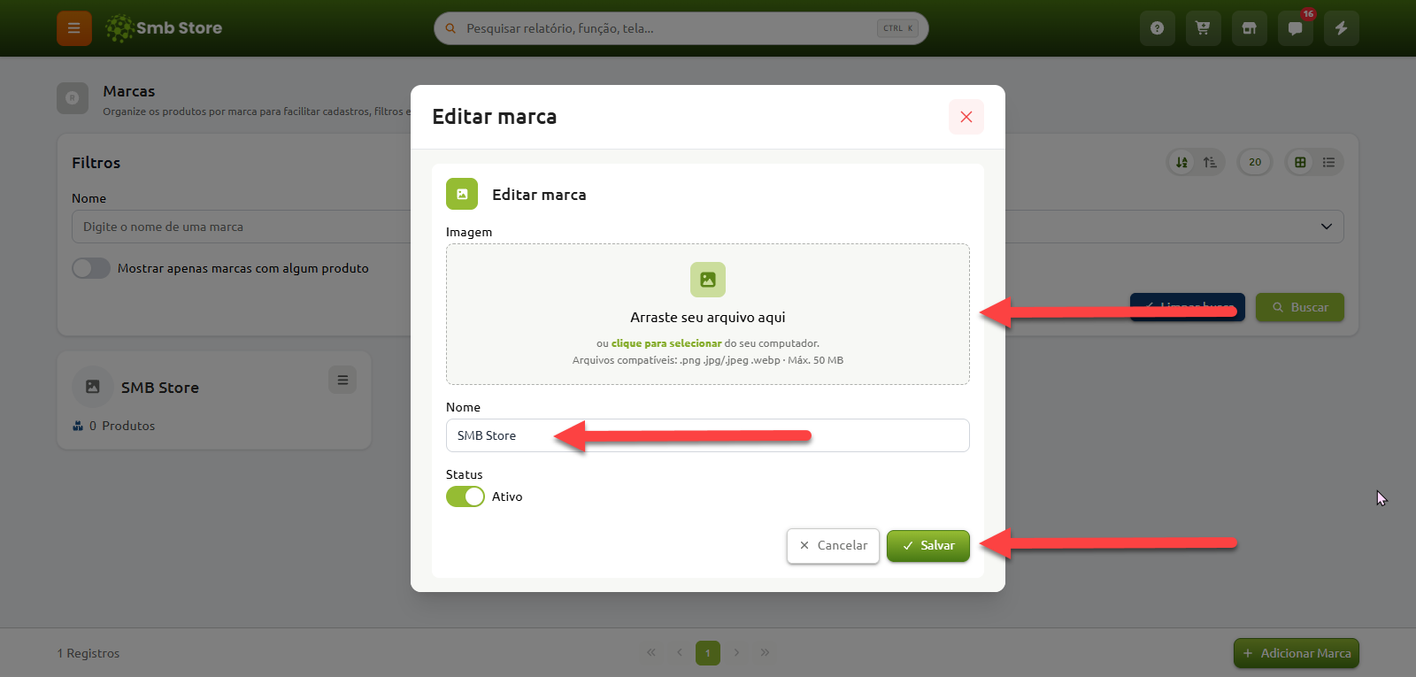 Janela de edição de marca no sistema Smb Store, destacando a área de envio de imagem, o campo para o nome da marca e o botão de salvar.