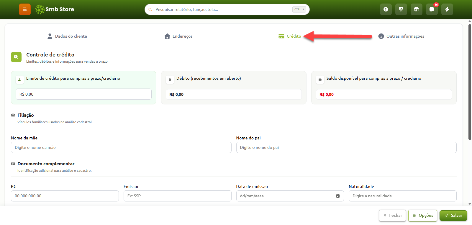Tela de cadastro de clientes no sistema Smb Store, destacando a aba de Crédito com seções para controle de limites e débitos, filiação e documentos complementares.
