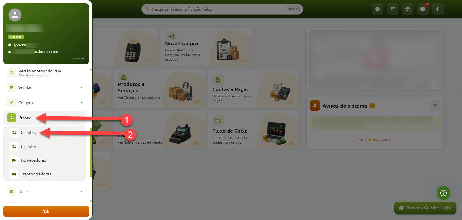 Painel do sistema com o menu lateral aberto, indicando o acesso à opção "Pessoas" no passo um e à opção "Clientes" no passo dois.