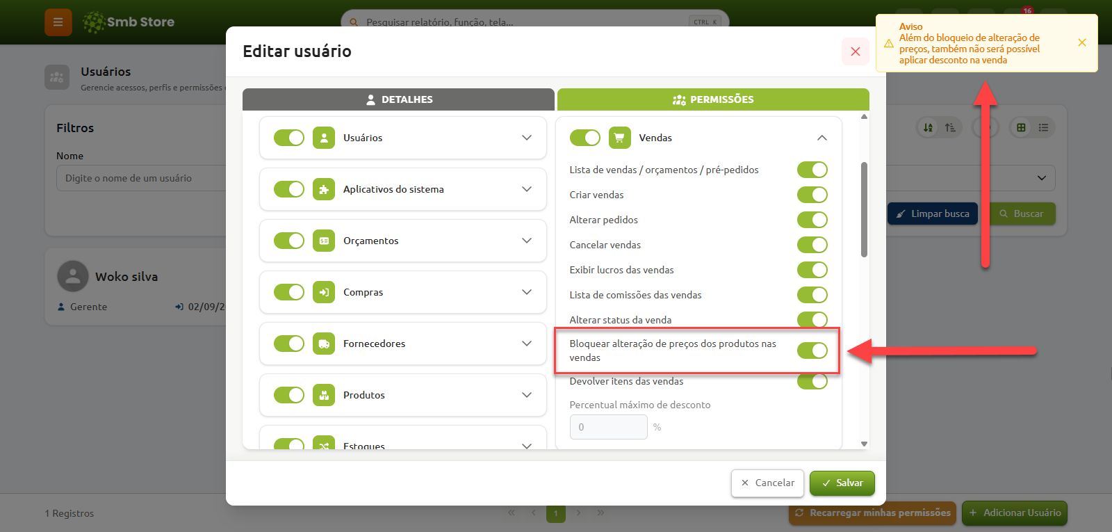 Tela de edição de usuário com a aba de permissões aberta, destacando a opção ativada "Bloquear alteração de preços dos produtos nas vendas" e uma notificação de aviso informando que essa ação também impede a aplicação de descontos na venda.