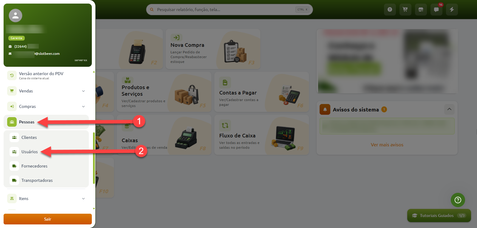 Menu lateral do sistema destacando a seleção da categoria "Pessoas" no passo 1 e a opção "Usuários" no passo 2.