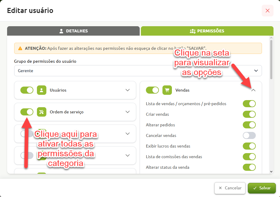 Tela de edição de permissões do usuário, indicando a seta para expandir as opções de uma categoria e o botão seletor para ativar todas as permissões do grupo de uma só vez.