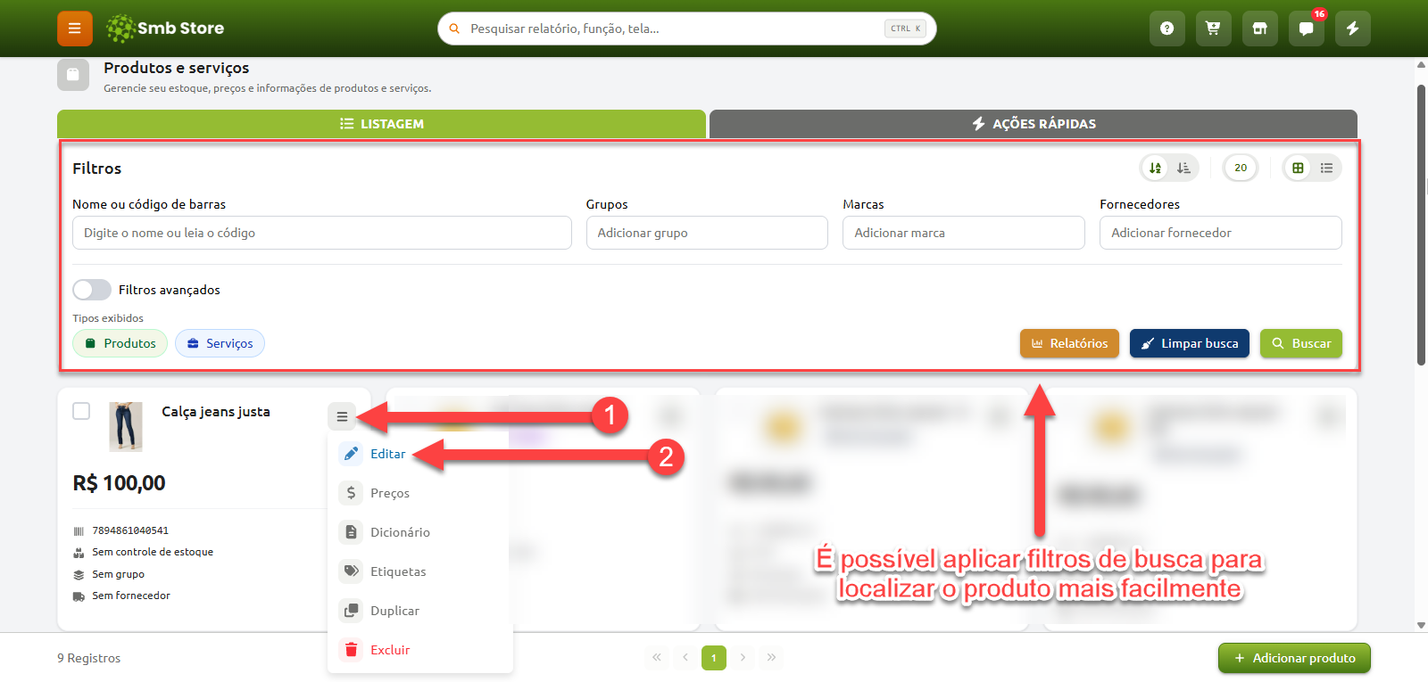 Tela de listagem de produtos e serviços do Smb Store, destacando a área de filtros para busca por nome, código, grupo, marca e fornecedor, além de um menu de ações em um item com a opção "Editar" em evidência.