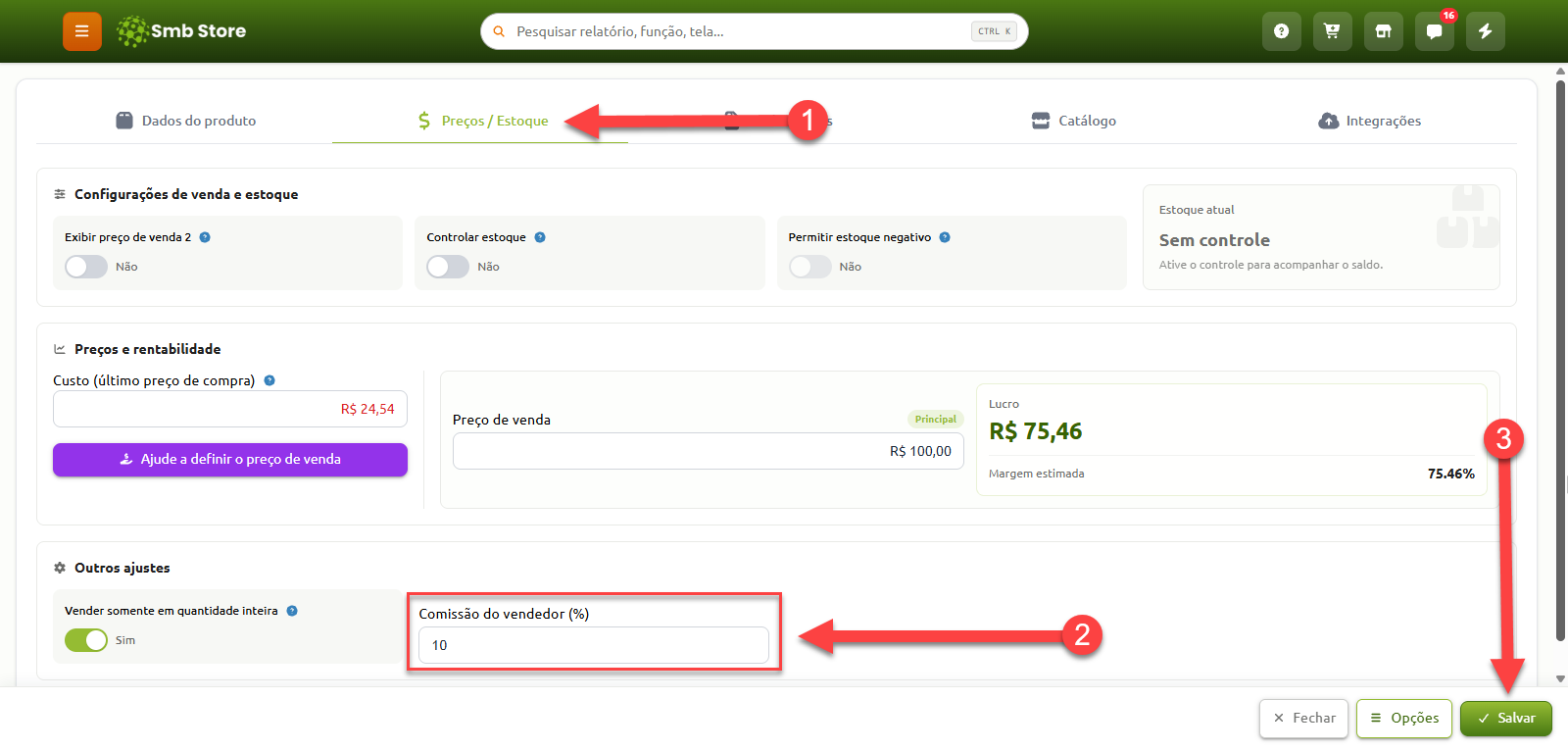 Tela de cadastro de produto no sistema Smb Store, na aba "Preços / Estoque", indicando o preenchimento do campo "Comissão do vendedor (%)" e o botão "Salvar".
