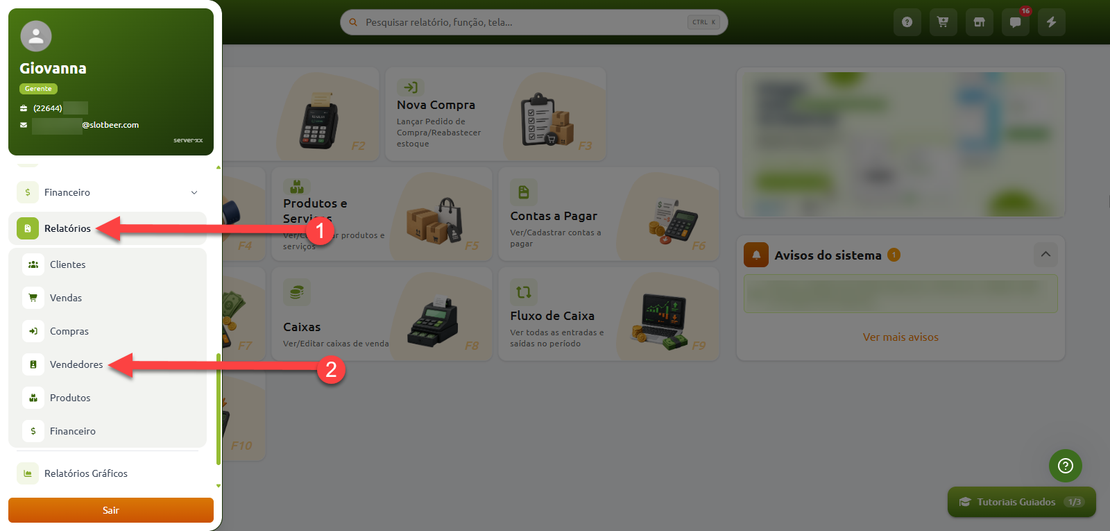 Tela do sistema de gestão indicando o caminho de navegação pelo menu lateral, selecionando primeiro a opção "Relatórios" e, em seguida, a subopção "Vendedores".