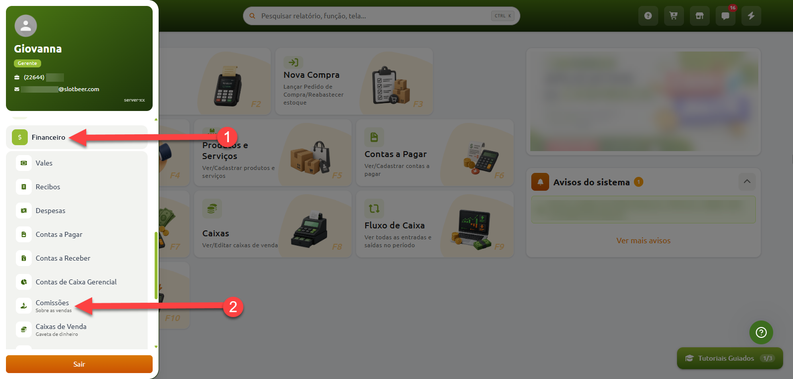Menu lateral do sistema destacando o caminho para gerenciar comissões de vendas, indicando primeiro a opção "Financeiro" e, em seguida, a subopção "Comissões".