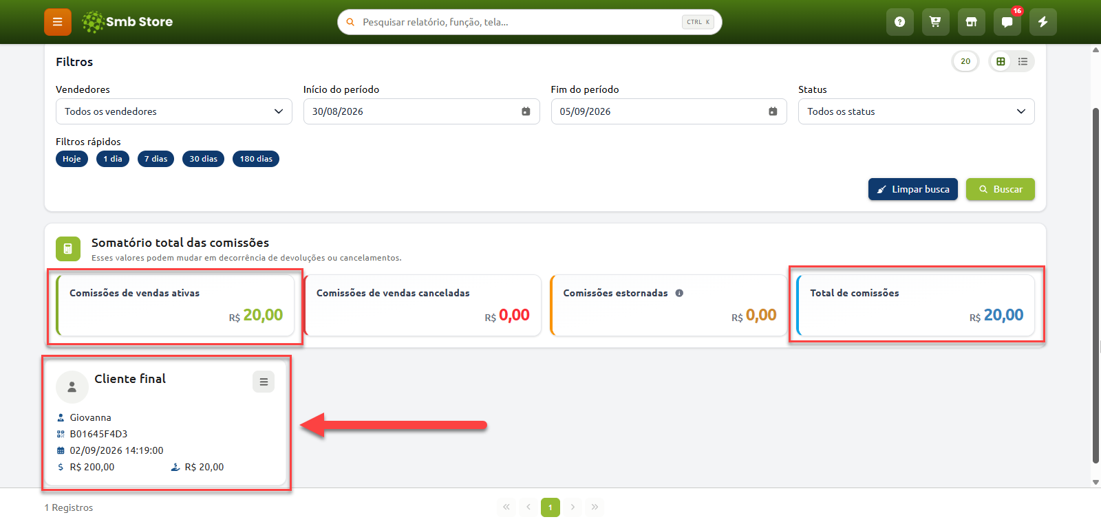 Tela de relatório de comissões no Smb Store, apresentando filtros por vendedor, período e status, cards com o somatório total de comissões ativas, canceladas, estornadas e totais, além do registro detalhado da venda com dados do cliente, data, valor e comissão.