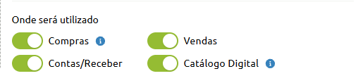 Seção de configuração "Onde será utilizado" com opções ativadas para Compras, Vendas, Contas/Receber e Catálogo Digital.