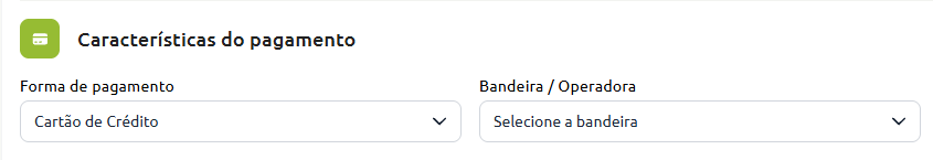 Seção de características do pagamento com a forma de pagamento selecionada como Cartão de Crédito e campo para escolha da bandeira ou operadora.